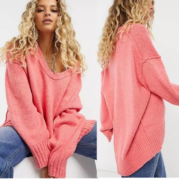Free People Sweaters - NWT FP Brookside Oversized Knit Sweater Pink Lightning Crew XS